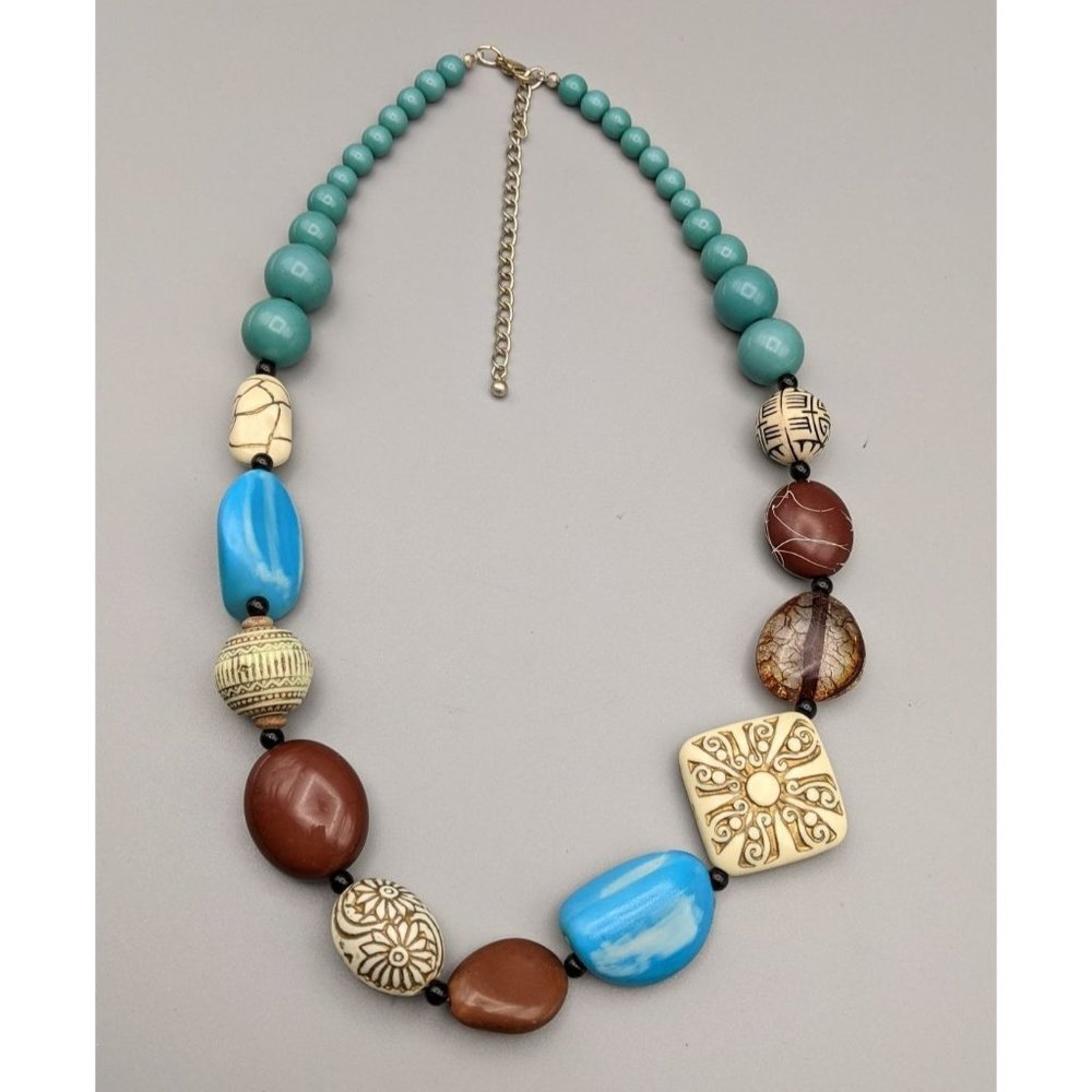 Chunky Plastic Beaded Necklace Aqua, Tan, Brown 22"